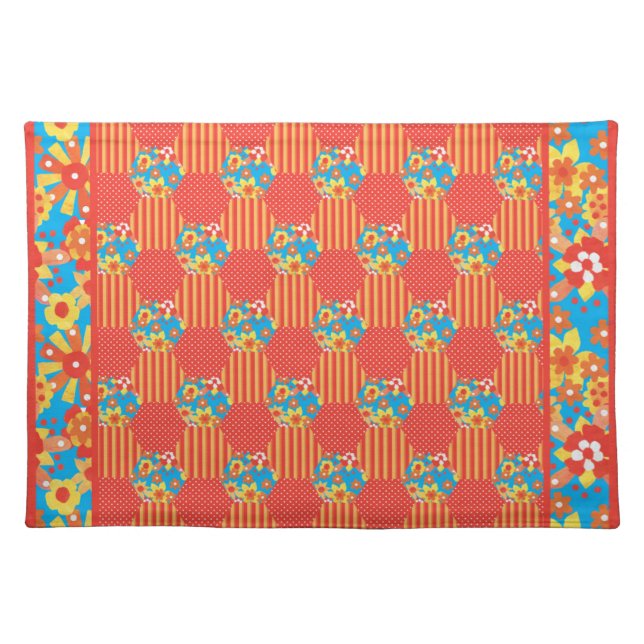 Country Place Mat, Ditzy Orange Floral Patchwork Placemat (Front)