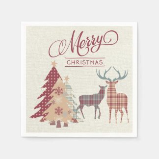 Country Plaid Merry Christmas Deer, Trees Napkins