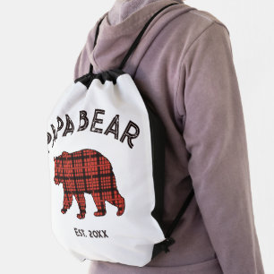 Country Plaid Papa Bear Father Year Est. White Drawstring Bag