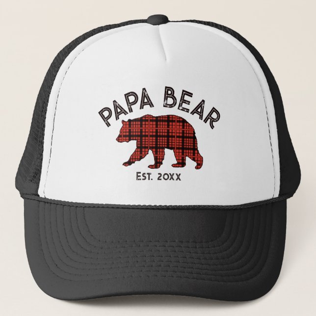 Country Plaid Papa Bear Father Year Established Trucker Hat (Front)