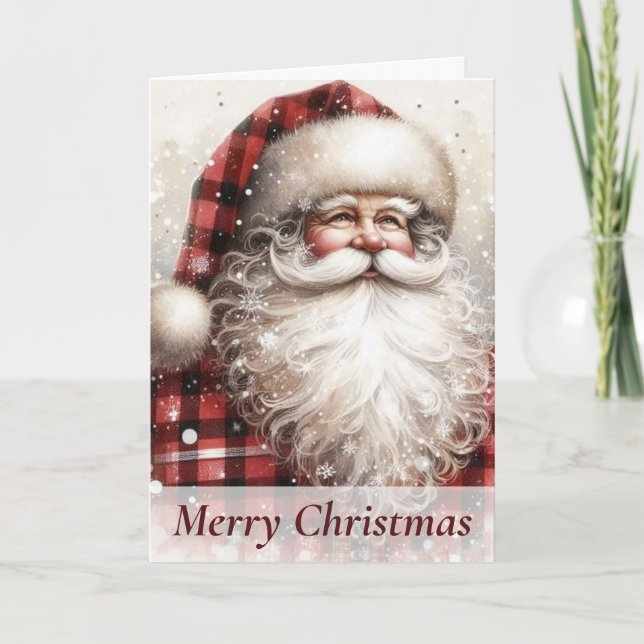Country Plaid Santa Personalized Christmas Card (Front)