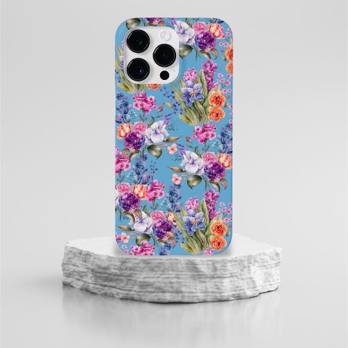 Country Pretty Garden Flowers on Blue Background Case_Mate iPhone 14 Pro Max Case