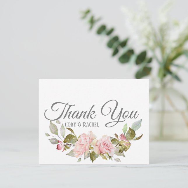 Country Pretty Pink Roses Bouquet Thank You Card (Standing Front)