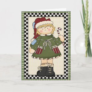 Country Prim Christmas Girl Greeting Card d1