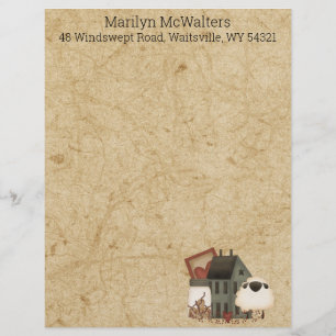 Country Prim Folk Art Green Saltbox, Sheep  Letterhead