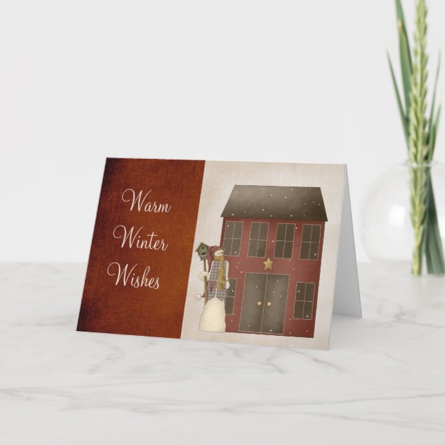 Country Prim Snowman & Saltbox House Design Holiday Card (Front)