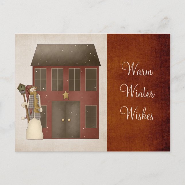 Country Prim Snowman & Saltbox House Design Holiday Postcard (Front)