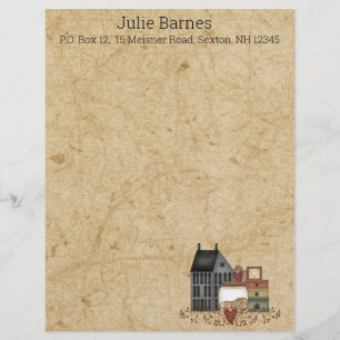 Country Primitive Folk Art Blue Saltbox Home Letterhead