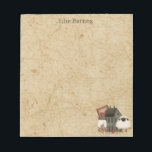 Country Primitive Folk Art Green Saltbox Home  Notepad<br><div class="desc">Country primitive décor adorns this cute notepad. There's a green saltbox home,  glass canning jar with cinnamon rolls,  sheep,  framed heart shaped picture and red pip berries and twigs. Background is a distressed,  tan faux wood.  Personalize with your name</div>