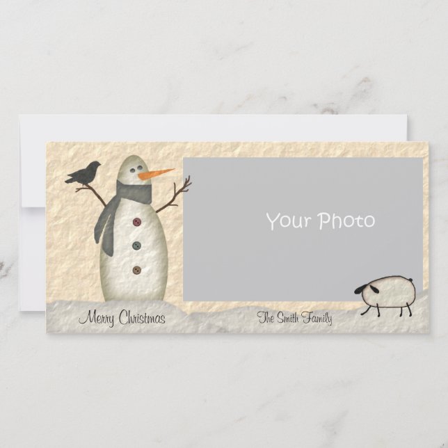 Country Primitive Snowman Holiday Photo Card (Front)