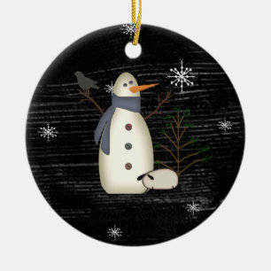 Country Primitive Snowman & Snowflakes Ornament