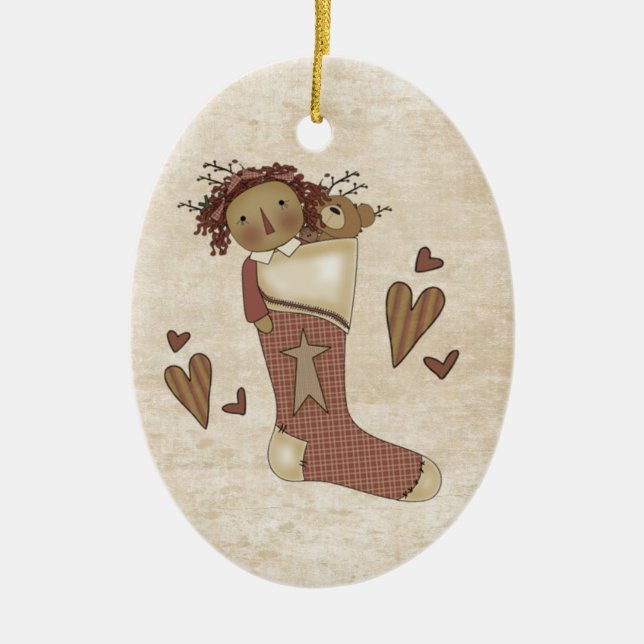 Country Primitive Stocking Ceramic Ornament (Front)