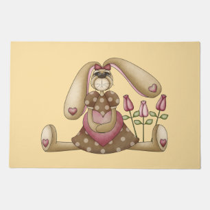 Country Primitive Stuffed Bunny with Pink Hearts Doormat