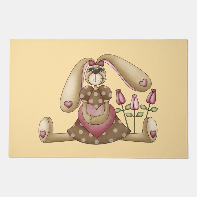 Country Primitive Stuffed Bunny with Pink Hearts Doormat (Front)