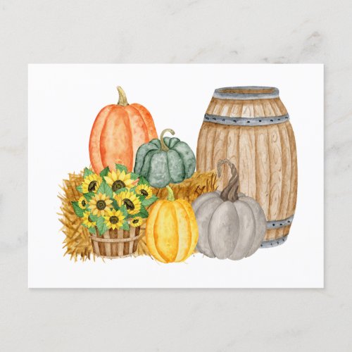 Country Pumpkin Harvest _ Sunflowers and Barrel  Postcard