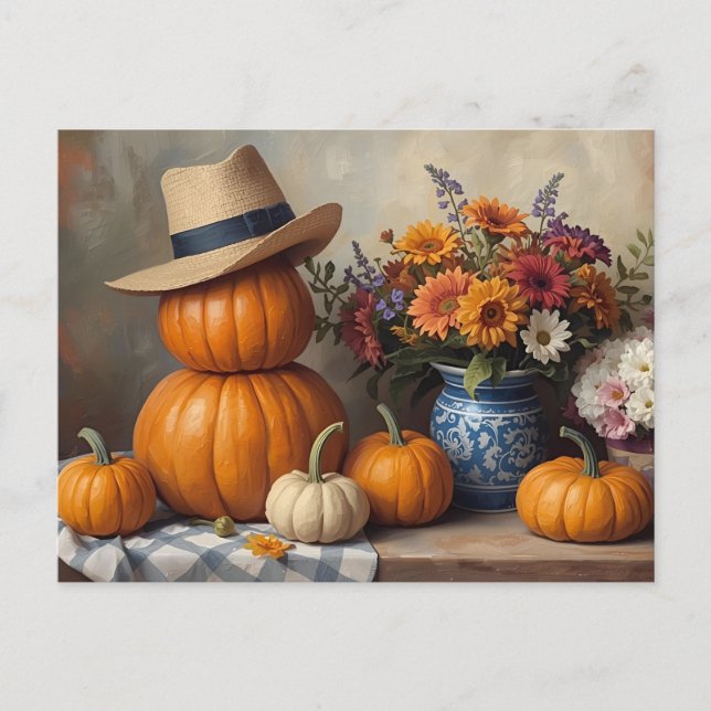 Country Pumpkin Harvest with Flowers  Postcard (Front)