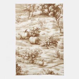 Country Pumpkin Toile in Warm Sepia Pattern Kitchen Towel