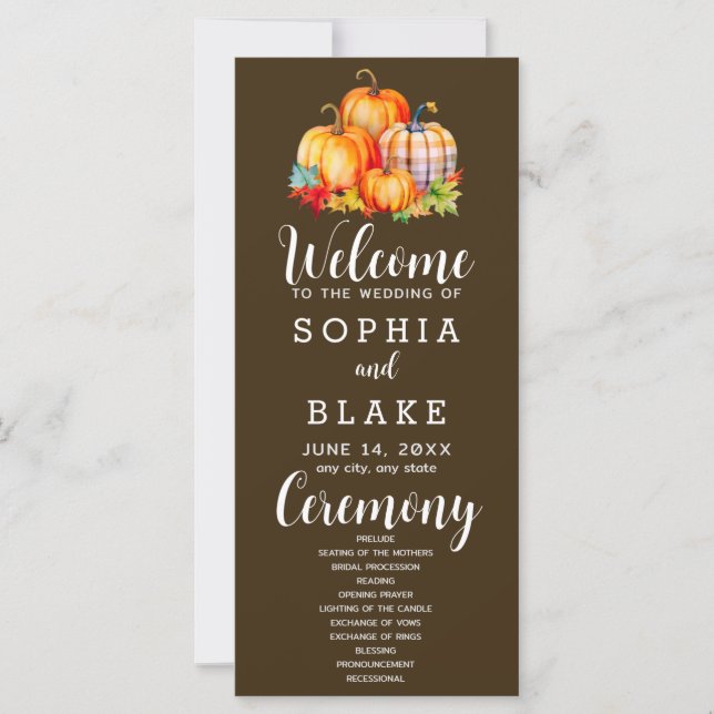 Country Pumpkins Plaid Fall Brown Wedding Program (Front)