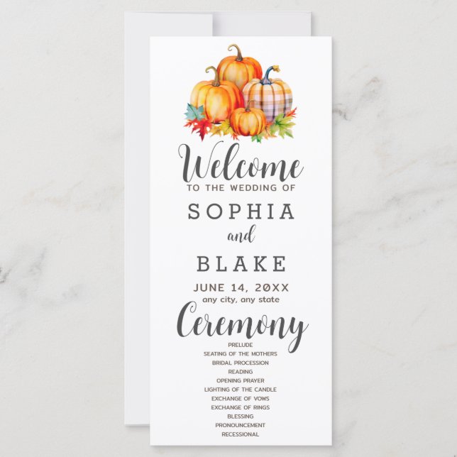 Country Pumpkins Plaid Fall White Wedding Program (Front)