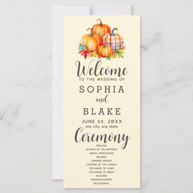 Country Pumpkins Plaid Fall Yellow Wedding Program (Front)