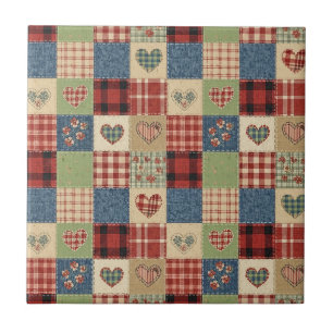 Country Quilt Heart Patchwork Red Blue Ceramic Tile