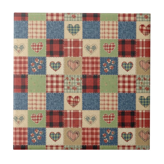 Country Quilt Heart Patchwork Red Blue Ceramic Tile (Front)