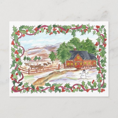 Country Ranch House Cows Merry Christmas Holiday Postcard