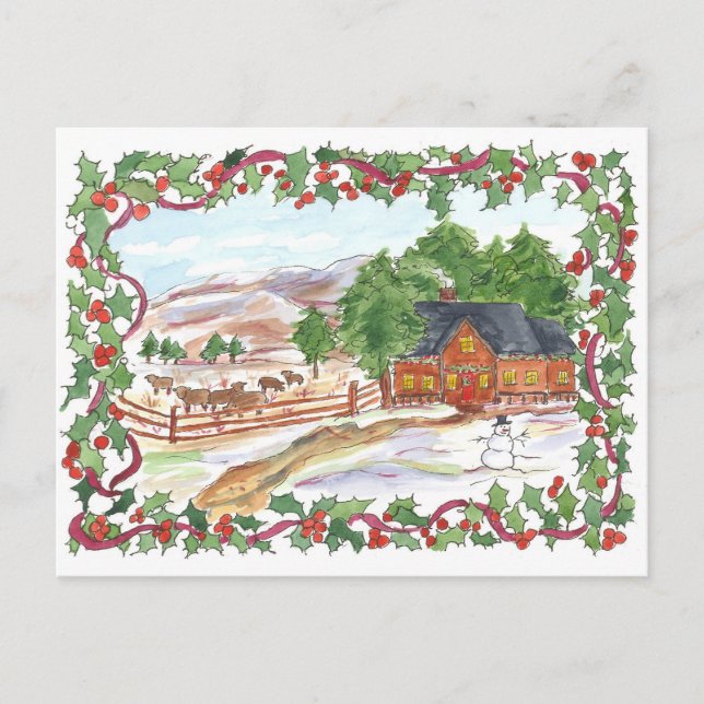Country Ranch House Cows Merry Christmas Holiday Postcard (Front)