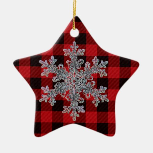 Country red and black plaid _snowflake ceramic ornament