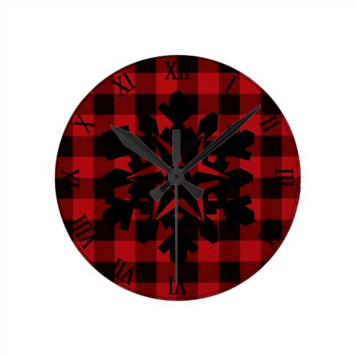 Country red and black plaid -snowflake round clock