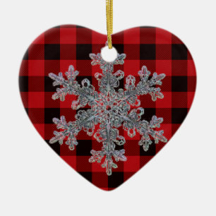 Country red and black plaid with snow flake ceramic ornament
