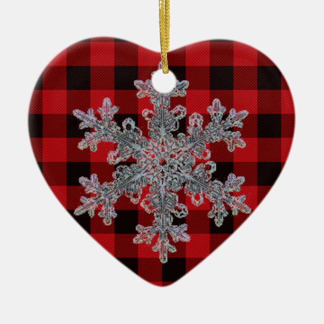 Country red and black plaid with snow flake ceramic ornament (Front)