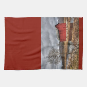 Country Red Barn Reflecting in the Pond Dish Towel