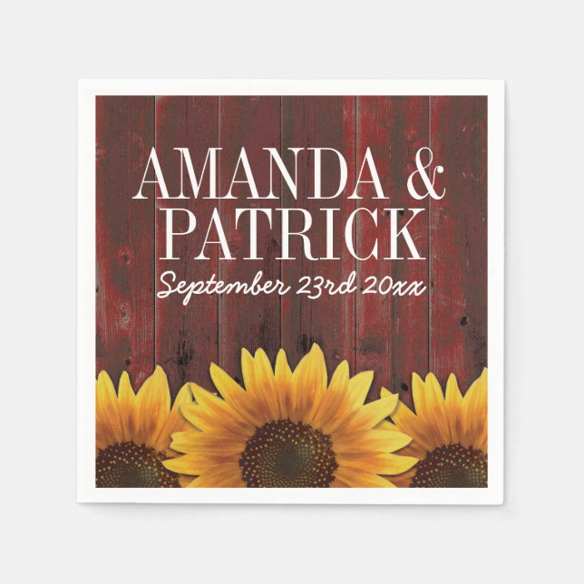 Country Red Barn Wood + Rustic Sunflower Wedding Paper Napkins (Front)