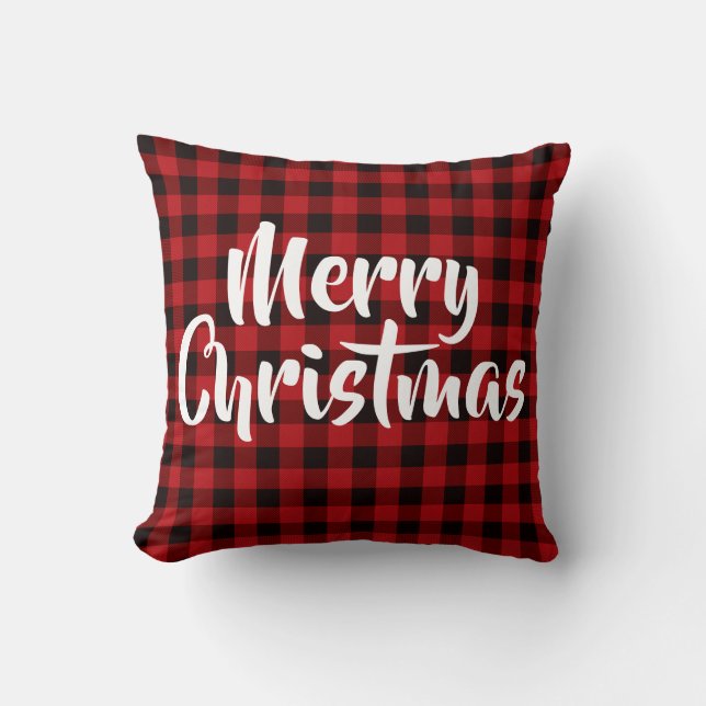 Country red, black buffalo plaid - Merry Christmas Throw Pillow (Front)