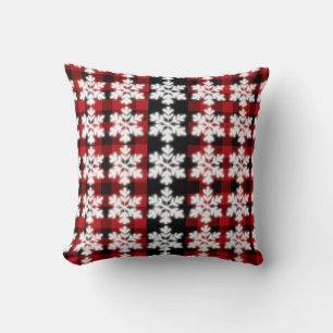 Country red, black Buffalplaid - snowflake pattern Throw Pillow