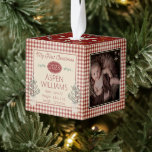 Country Red Checks Baby My First Christmas 3 Photo Cube Ornament<br><div class="desc">Create a keepsake your child will cherish for a lifetime with this red and off white gingham style check modern country rustic three photo design with your unique quotation or message on bottom. Front includes "My First Christmas" text calligraphy, your child's name, birthdate and year, weight and length at time...</div>