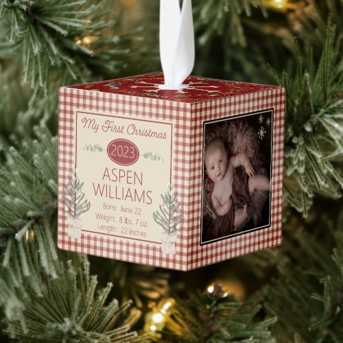 Country Red Checks Baby My First Christmas 3 Photo Cube Ornament