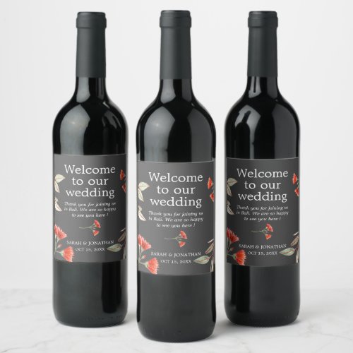 Country Red Flowers Wedding Welcome Gray Wine Label