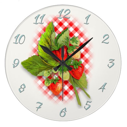 Country Red Gingham and Strawberries Large Clock