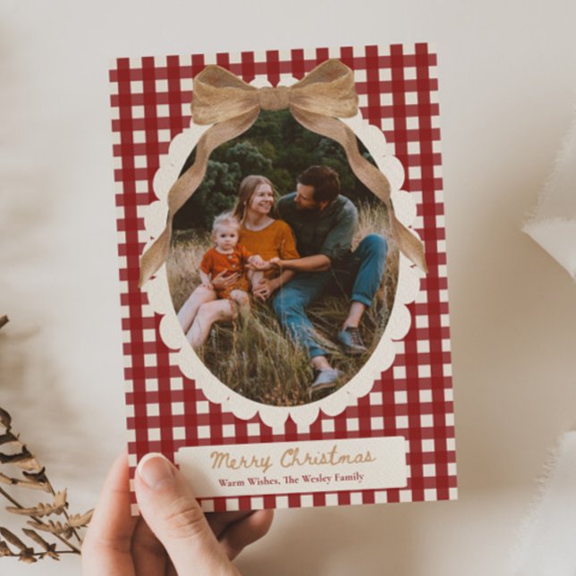 Country Red Gingham Bow Photo Christmas Card (Creator Uploaded)
