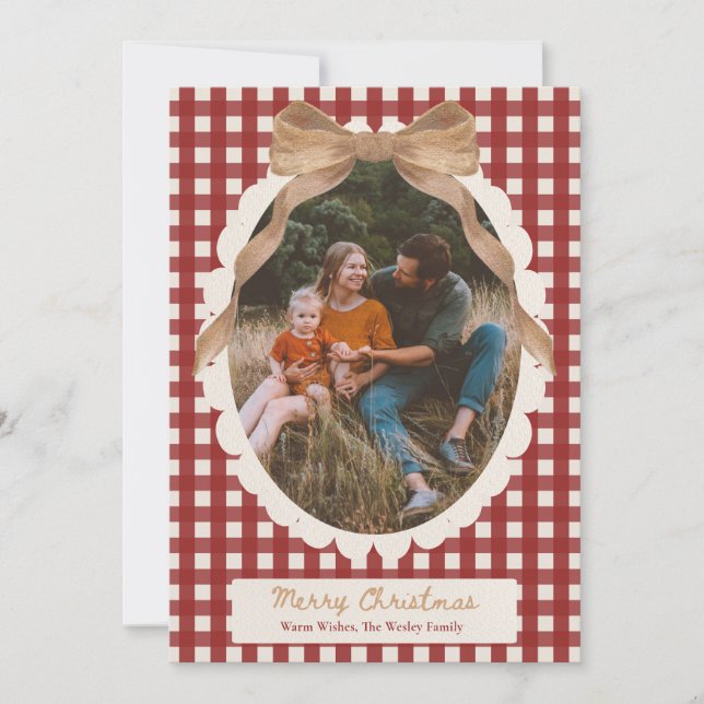 Country Red Gingham Bow Photo Christmas Card (Front)