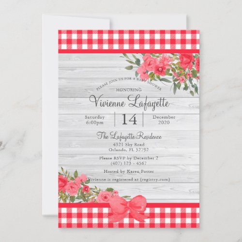 Country Red Gingham Floral Baby Shower Invitation