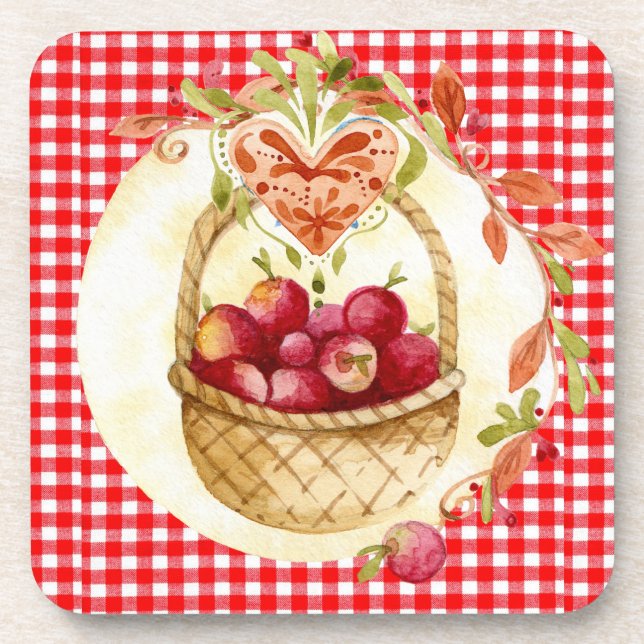 Country Red Gingham with Fruit Basket Set of 6 Beverage Coaster (Front)