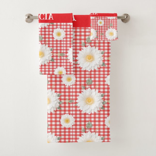 Country Red Gingham with White Daisies Bath Towel Set (Insitu)