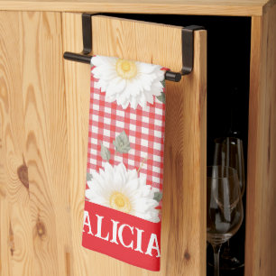Country Red Gingham with White Daisies Kitchen Towel