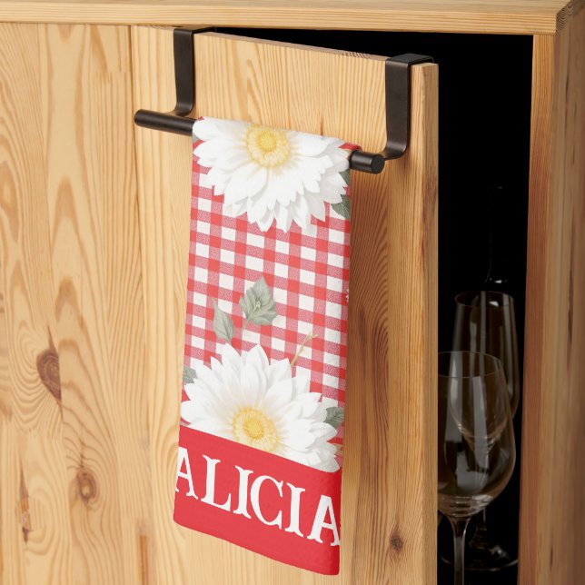 Country Red Gingham with White Daisies Kitchen Towel (Thirds Fold)