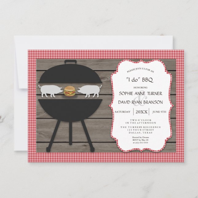 Country Red Gingham Wood I DO BBQ Engagement Party Invitation (Front)