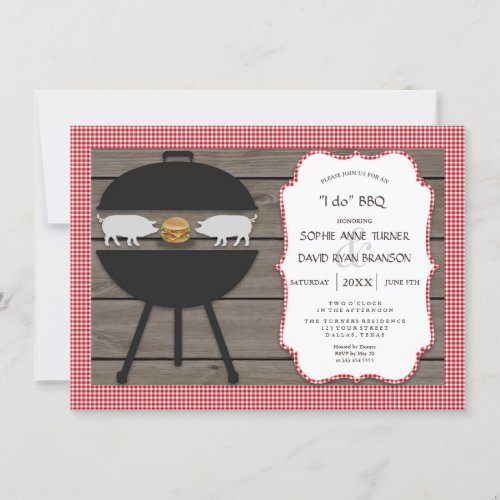 Country Red Gingham Wood I DO BBQ Engagement Party Invitation