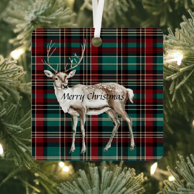 Country Red Green Plaid Christmas Deer Metal Ornament (Insitu)